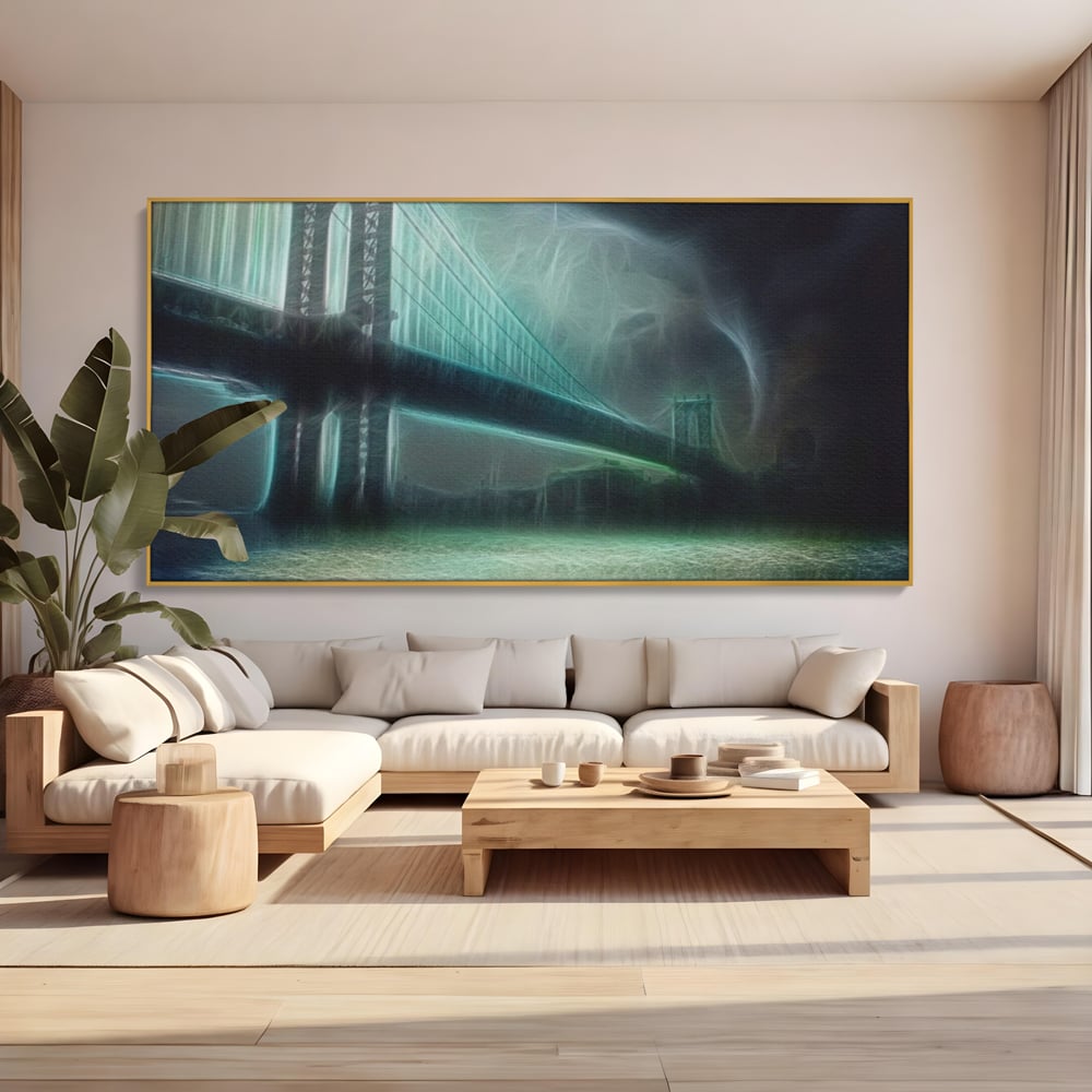 Tablou canvas cu tablou canvas cu pod suspendat pe furtuna, in rama de aluminiu auriu, pe perete intr-un living