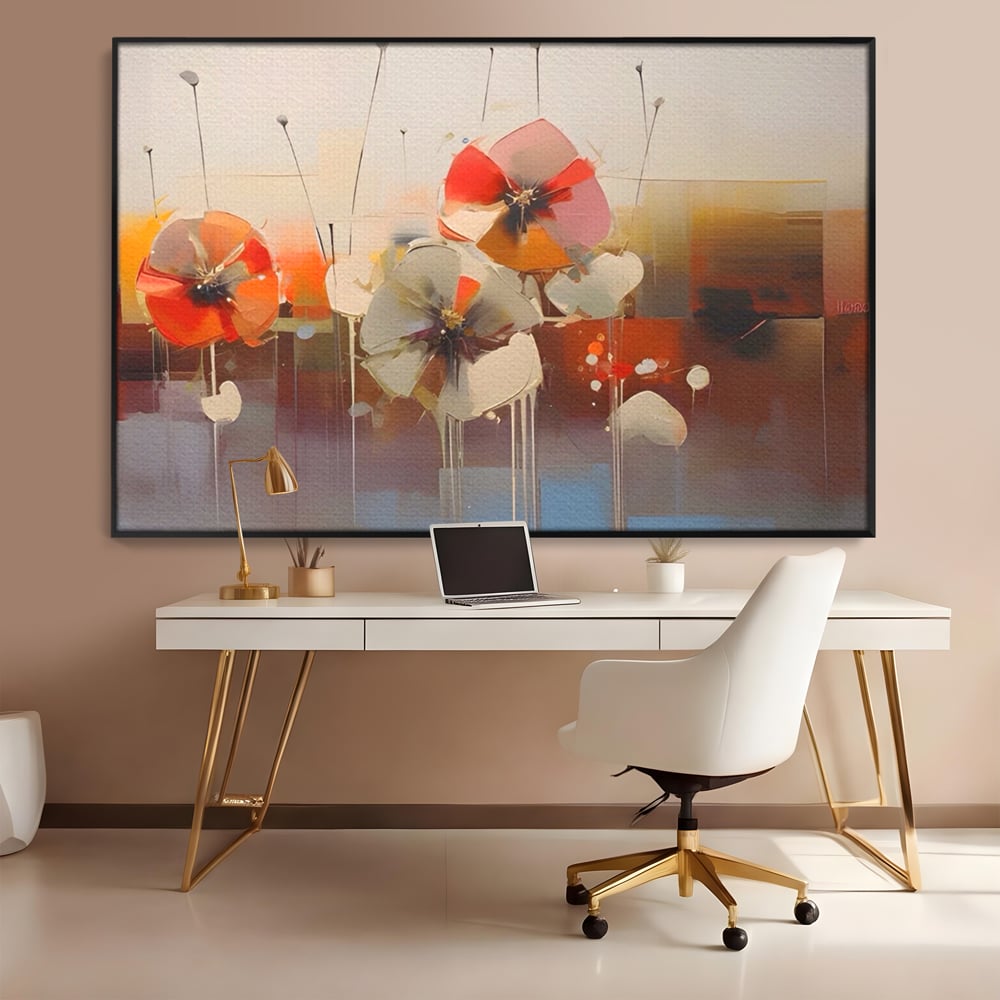 Tablou canvas cu tablou canvas cu pictura florala abstracta, in rama de aluminiu negru, pe perete intr-un birou