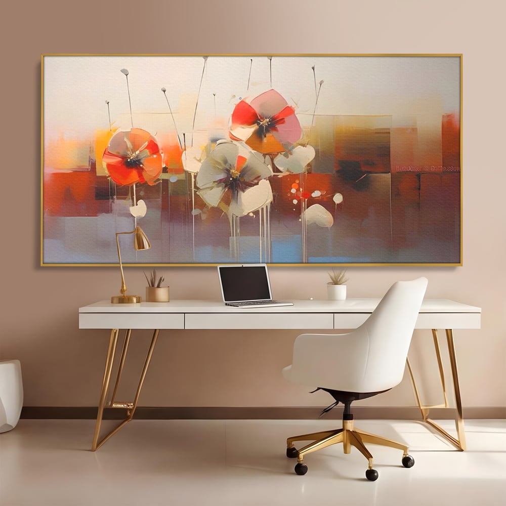Tablou canvas cu tablou canvas cu pictura florala abstracta, in rama de aluminiu auriu, pe perete intr-un birou