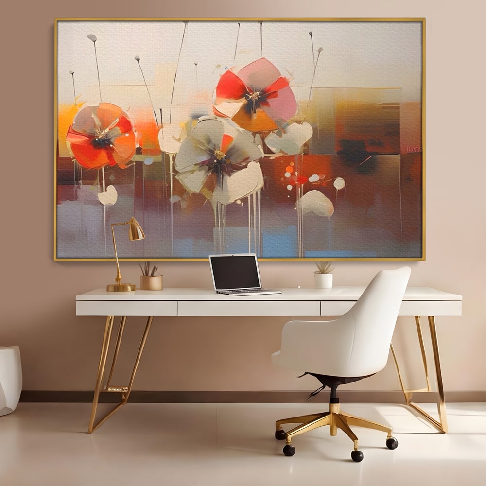 Tablou canvas cu tablou canvas cu pictura florala abstracta, in rama de aluminiu auriu, pe perete intr-un birou