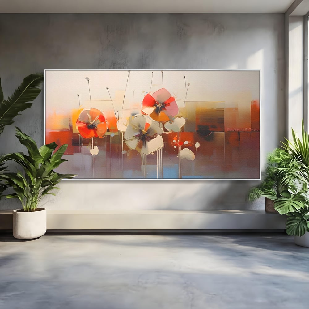 Tablou canvas cu tablou canvas cu pictura florala abstracta, in rama de aluminiu argintiu