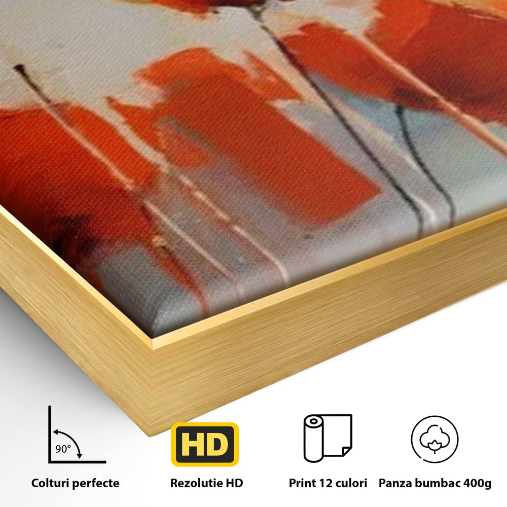 Detaliu al suprafetei: tablou canvas cu maci in ulei, in rama de aluminiu auriu