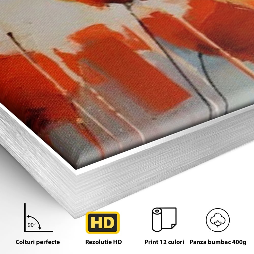 Detaliu al suprafetei: tablou canvas cu maci in ulei, in rama de aluminiu argintiu