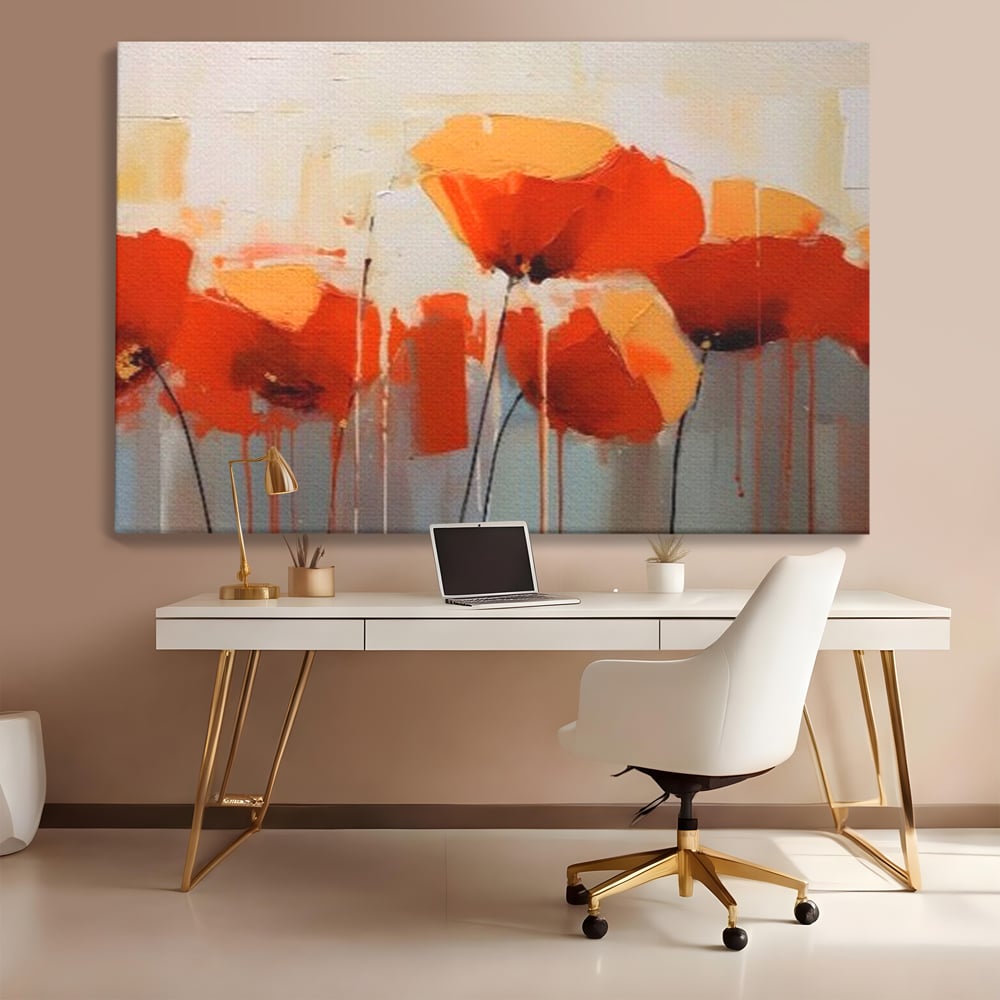 Tablou canvas cu tablou canvas cu maci in ulei, fara rama, pe sasiu de lemn, pe perete intr-un birou