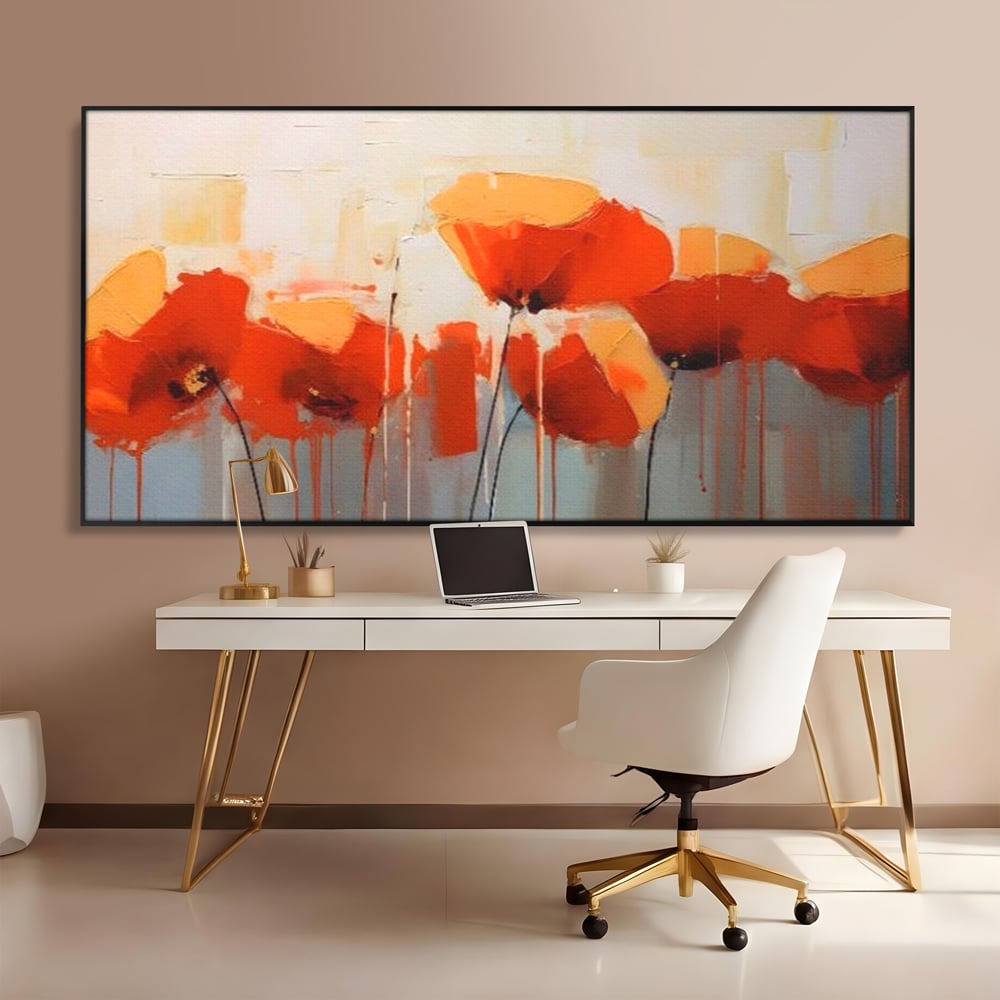 Tablou canvas cu tablou canvas cu maci in ulei, in rama de aluminiu negru, pe perete intr-un birou