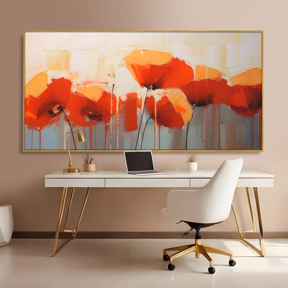 Tablou canvas cu tablou canvas cu maci in ulei, in rama de aluminiu auriu, pe perete intr-un birou