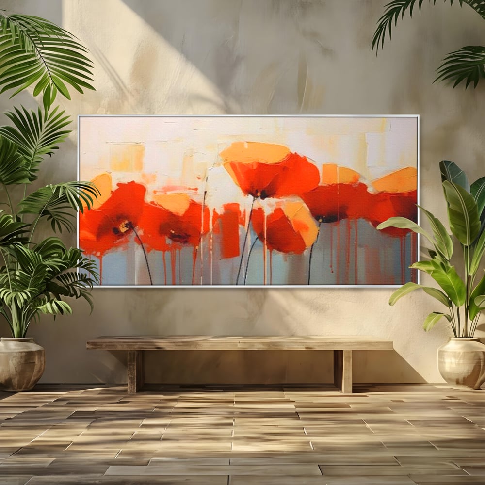 Tablou canvas cu tablou canvas cu maci in ulei, in rama de aluminiu argintiu