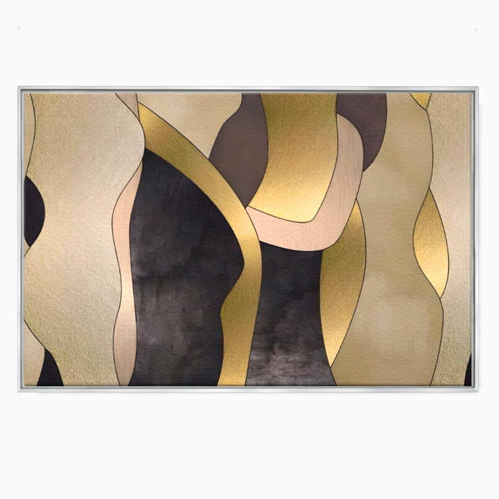 Tablou canvas cu tablou canvas cu forme abstracte aurii, in rama de aluminiu argintiu