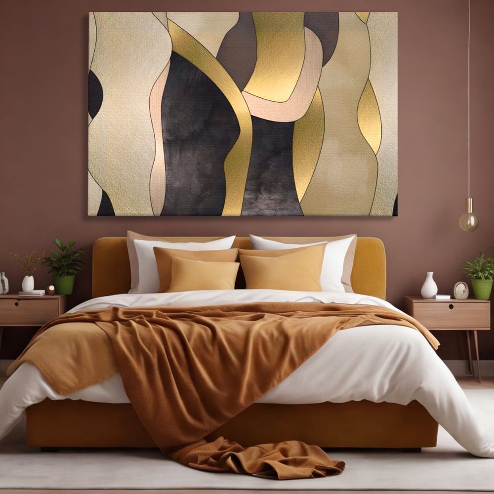Tablou canvas cu tablou canvas cu forme abstracte aurii, fara rama, pe sasiu de lemn, pe perete intr-un dormitor
