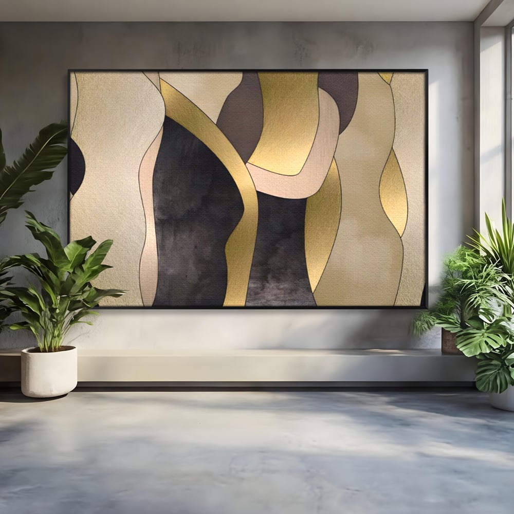 Tablou canvas cu tablou canvas cu forme abstracte aurii, in rama de aluminiu negru