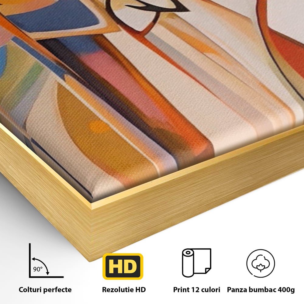 Detaliu al suprafetei: tablou canvas cu familie abstracta, in rama de aluminiu auriu
