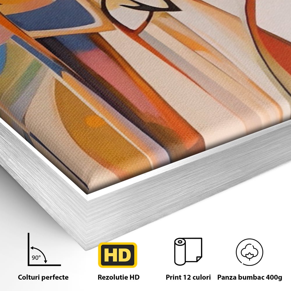 Detaliu al suprafetei: tablou canvas cu familie abstracta, in rama de aluminiu argintiu