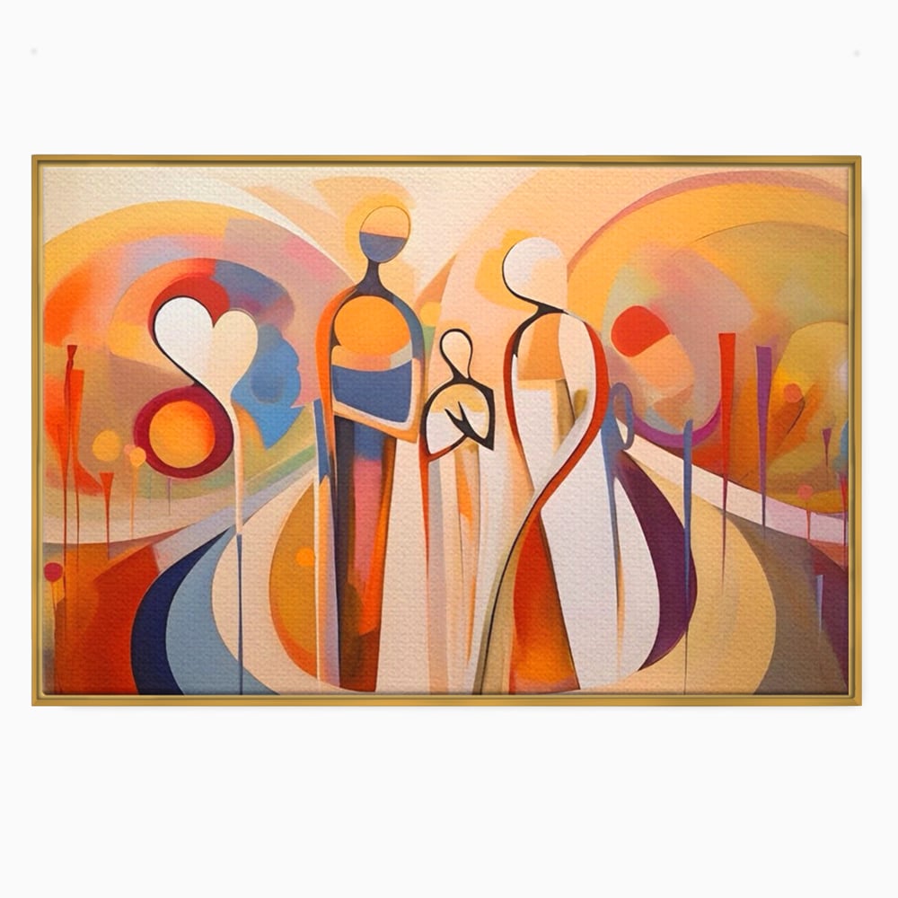 Tablou canvas cu tablou canvas cu familie abstracta, in rama de aluminiu auriu