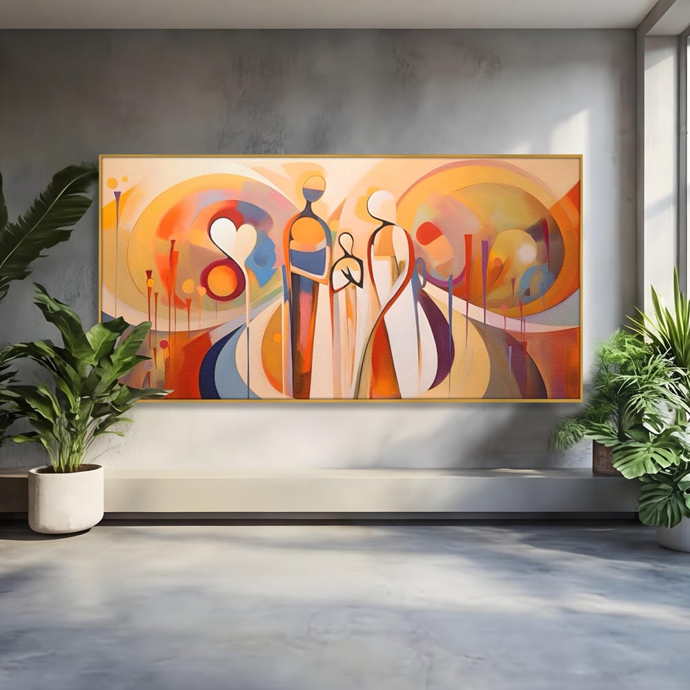 Tablou canvas cu tablou canvas cu familie abstracta, in rama de aluminiu auriu