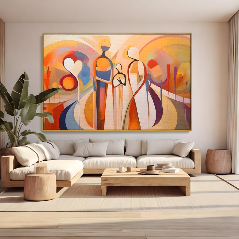 Tablou canvas cu tablou canvas cu familie abstracta, in rama de aluminiu auriu, pe perete intr-un living