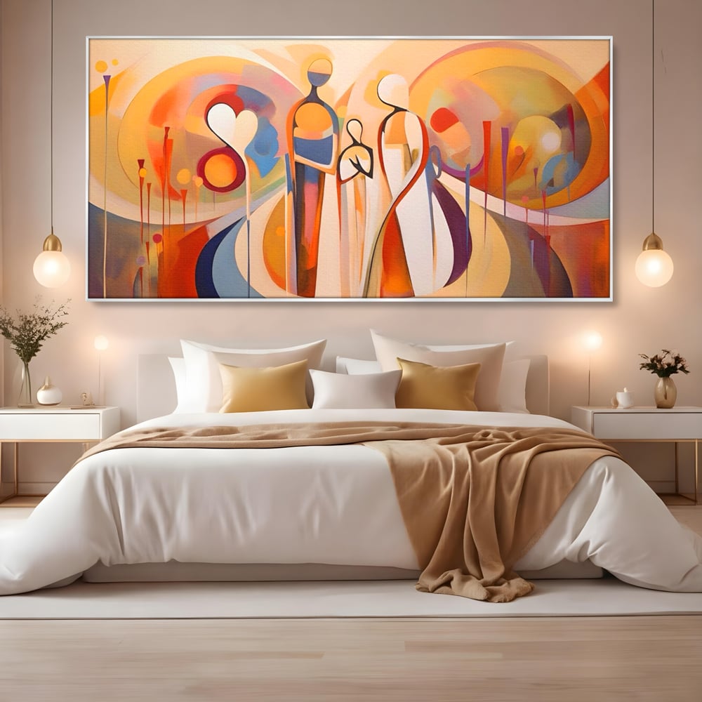 Tablou canvas cu tablou canvas cu familie abstracta, in rama de aluminiu argintiu, pe perete intr-un dormitor
