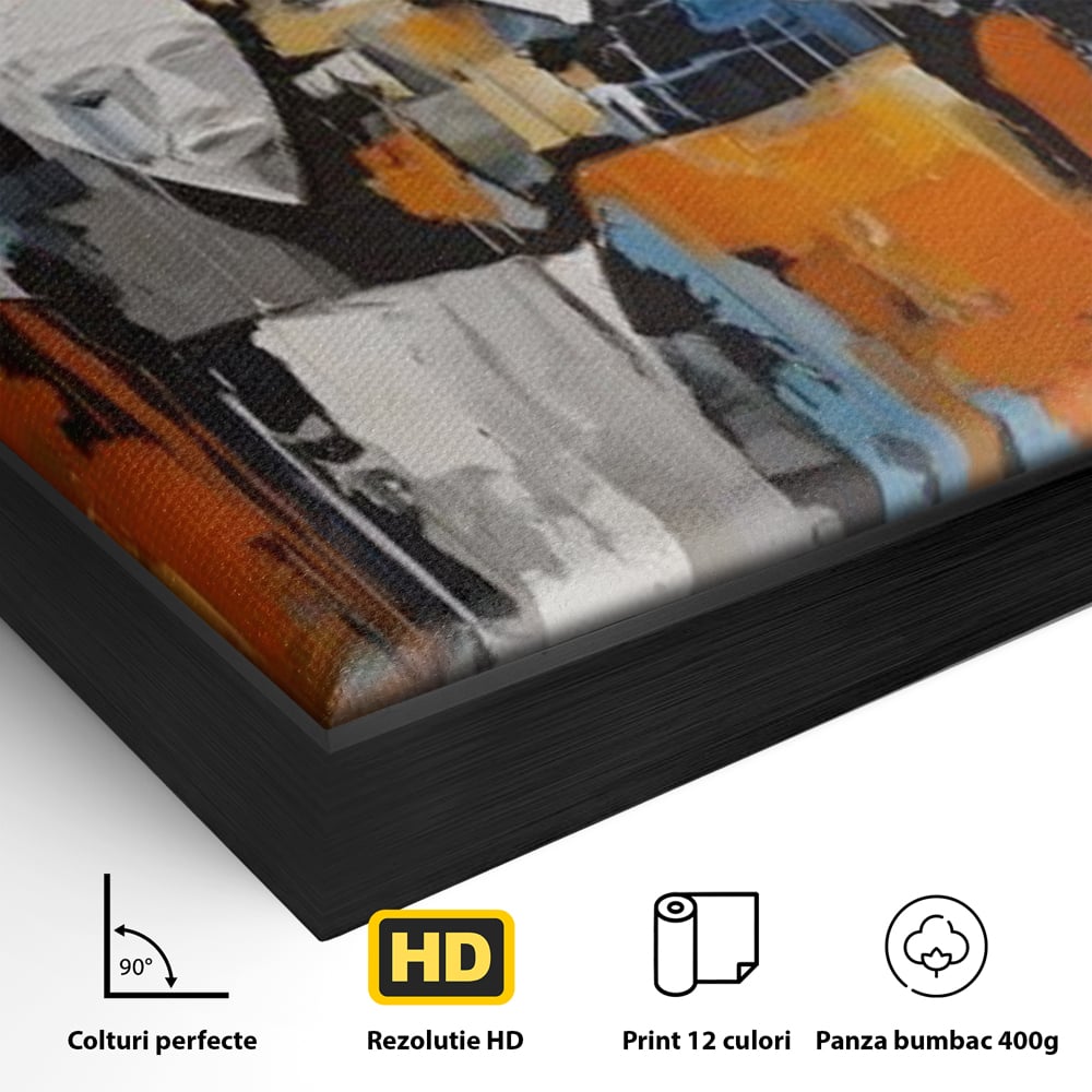 Detaliu al suprafetei: tablou canvas cu chipuri multiple stilizate, in rama de aluminiu negru