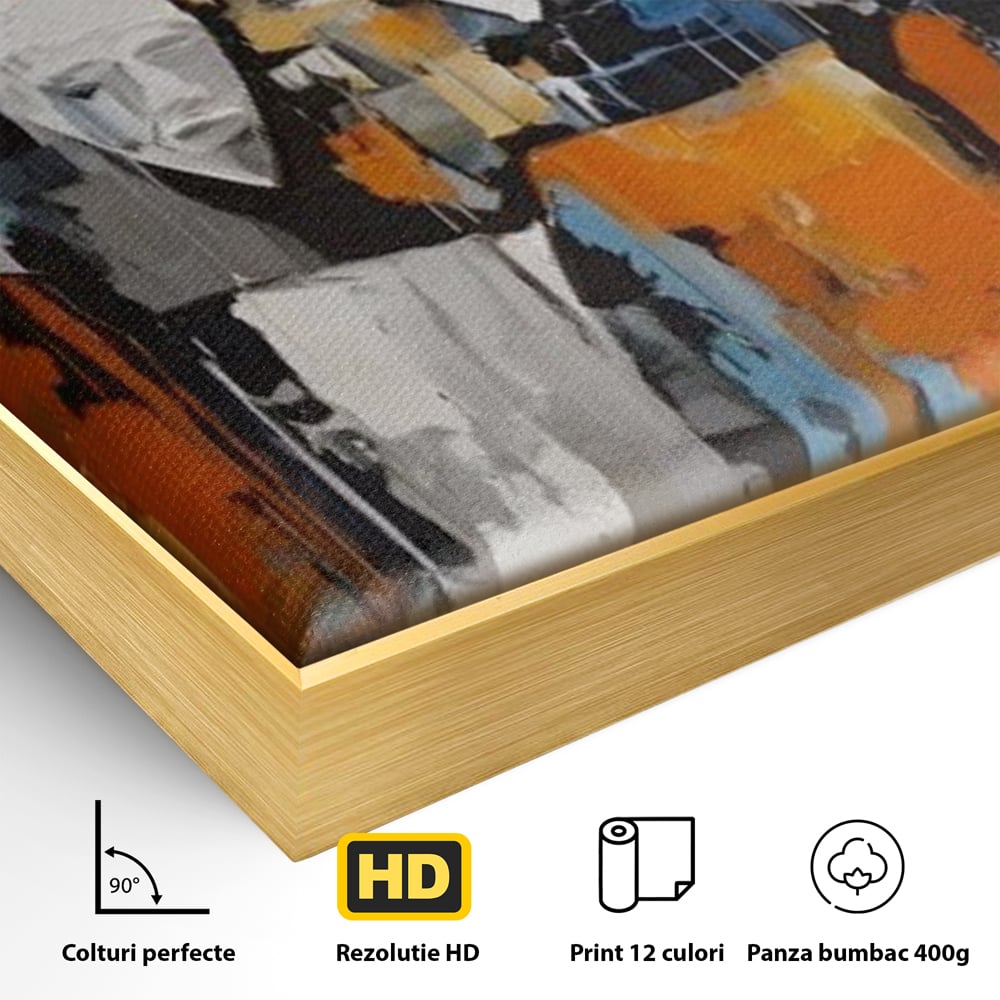 Detaliu al suprafetei: tablou canvas cu chipuri multiple stilizate, in rama de aluminiu auriu