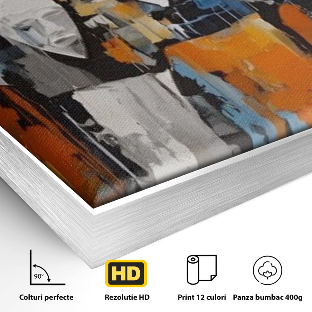 Detaliu al suprafetei: tablou canvas cu chipuri multiple stilizate, in rama de aluminiu argintiu