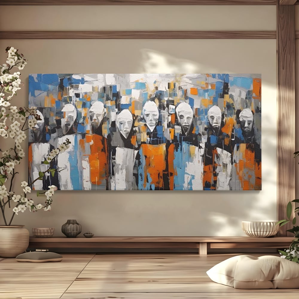 Tablou canvas cu tablou canvas cu chipuri multiple stilizate, fara rama, pe sasiu de lemn