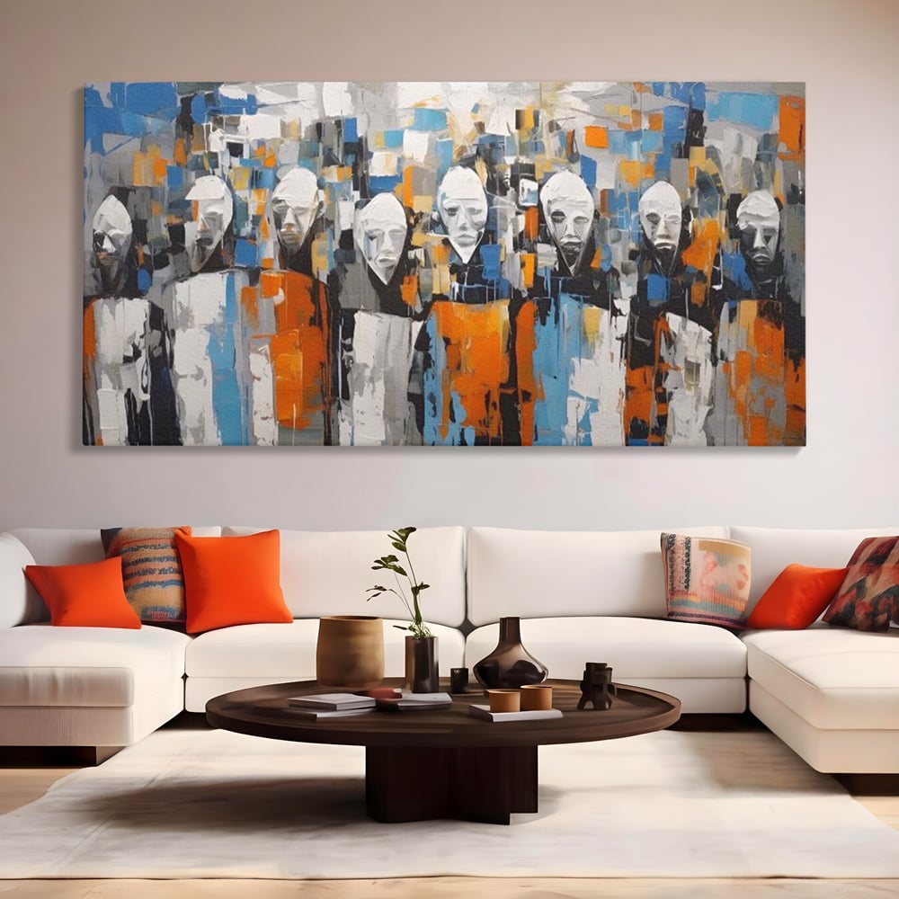 Tablou canvas cu tablou canvas cu chipuri multiple stilizate, fara rama, pe sasiu de lemn, pe perete intr-un living