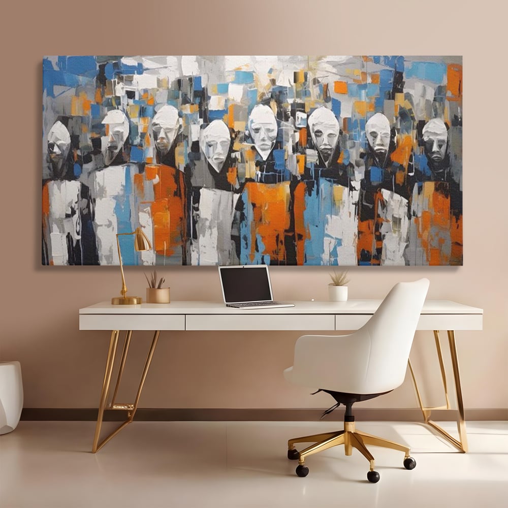 Tablou canvas cu tablou canvas cu chipuri multiple stilizate, fara rama, pe sasiu de lemn, pe perete intr-un birou