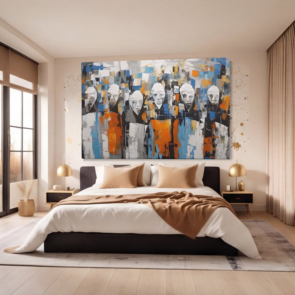 Tablou canvas cu tablou canvas cu chipuri multiple stilizate, fara rama, pe sasiu de lemn, pe perete intr-un dormitor