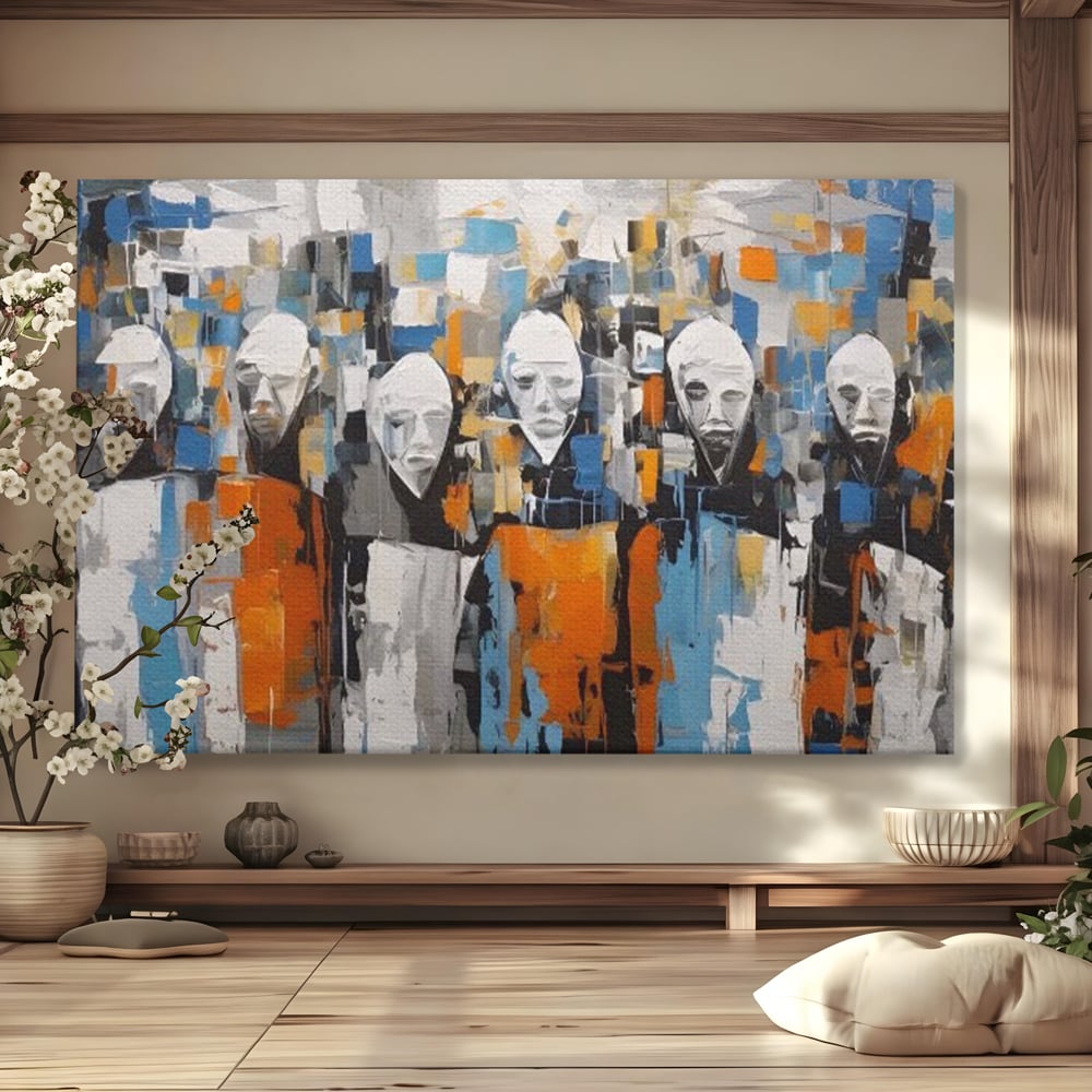 Tablou canvas cu tablou canvas cu chipuri multiple stilizate, fara rama, pe sasiu de lemn