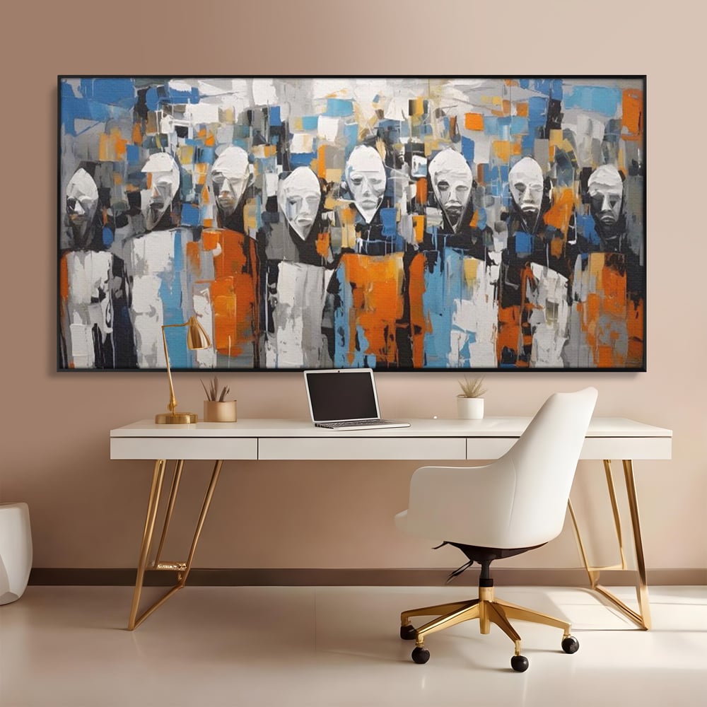Tablou canvas cu tablou canvas cu chipuri multiple stilizate, in rama de aluminiu negru, pe perete intr-un birou