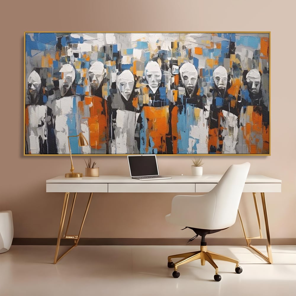 Tablou canvas cu tablou canvas cu chipuri multiple stilizate, in rama de aluminiu auriu, pe perete intr-un birou