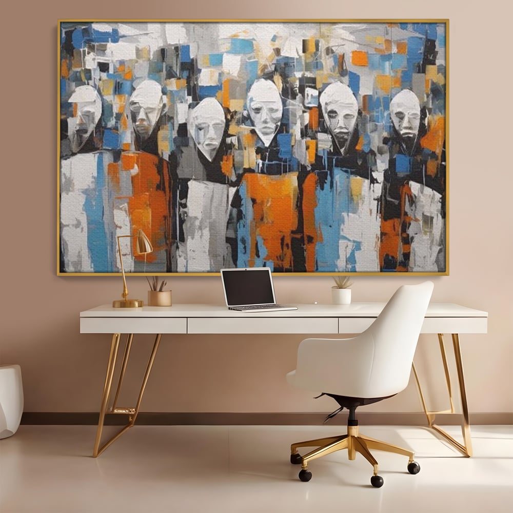 Tablou canvas cu tablou canvas cu chipuri multiple stilizate, in rama de aluminiu auriu, pe perete intr-un birou