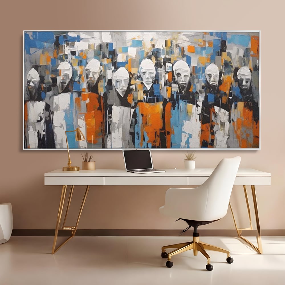 Tablou canvas cu tablou canvas cu chipuri multiple stilizate, in rama de aluminiu argintiu, pe perete intr-un birou