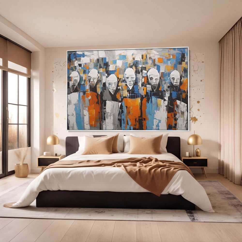 Tablou canvas cu tablou canvas cu chipuri multiple stilizate, in rama de aluminiu argintiu, pe perete intr-un dormitor