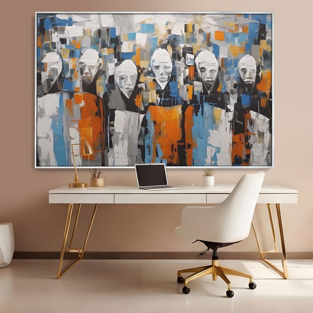 Tablou canvas cu tablou canvas cu chipuri multiple stilizate, in rama de aluminiu argintiu, pe perete intr-un birou