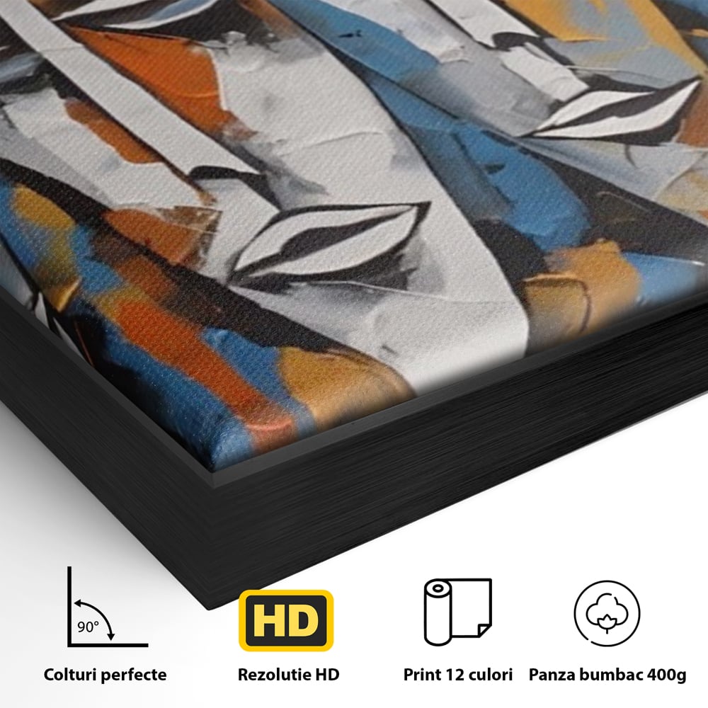 Detaliu al suprafetei: tablou abstract cu masti tribale albe, in rama de aluminiu negru