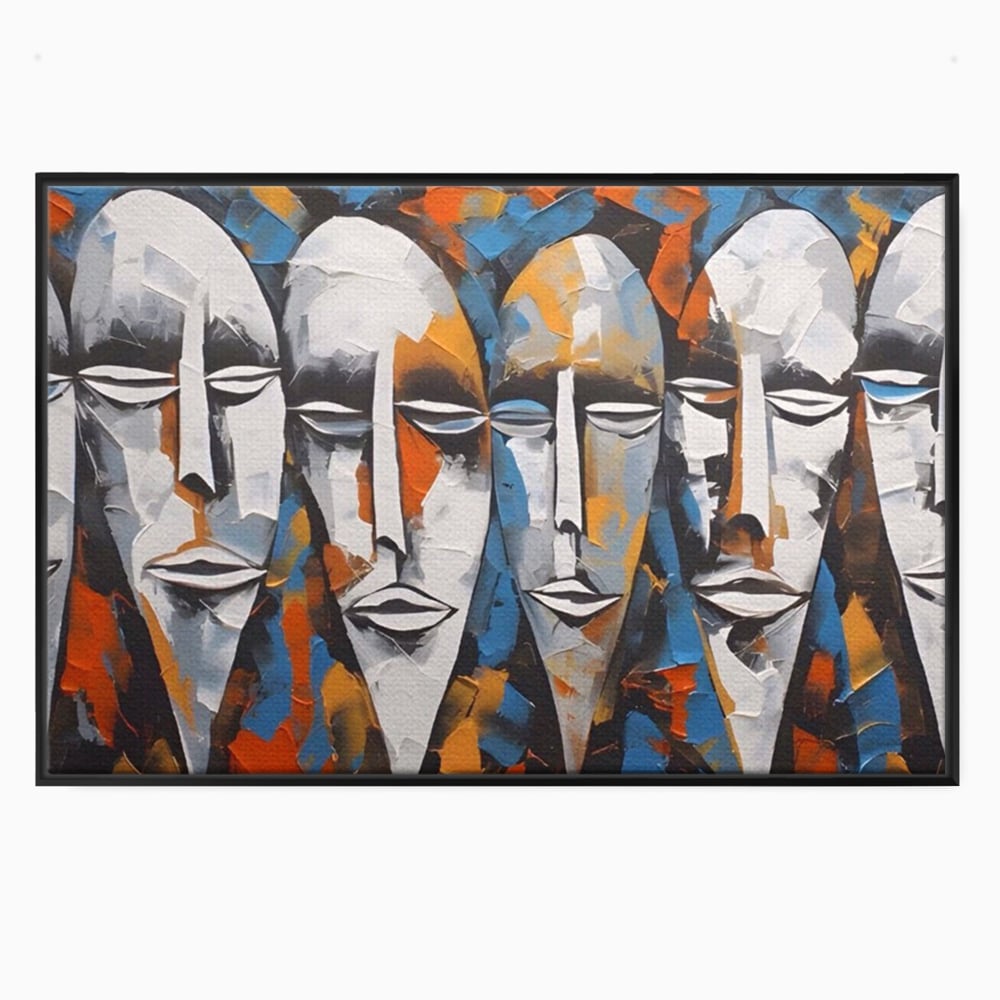 Tablou canvas cu tablou abstract cu masti tribale albe, in rama de aluminiu negru