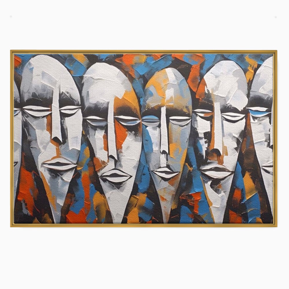 Tablou canvas cu tablou abstract cu masti tribale albe, in rama de aluminiu auriu