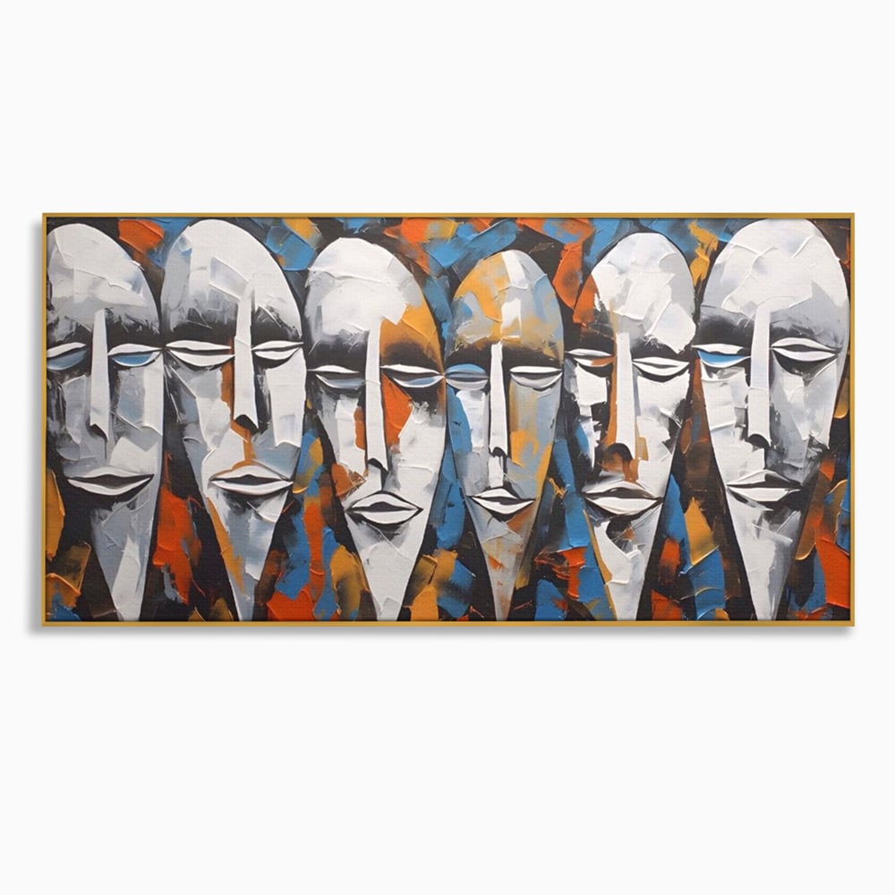 Tablou canvas cu tablou abstract cu masti tribale albe, in rama de aluminiu auriu
