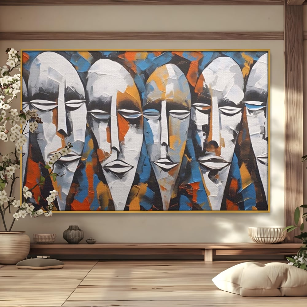 Tablou canvas cu tablou abstract cu masti tribale albe, in rama de aluminiu auriu