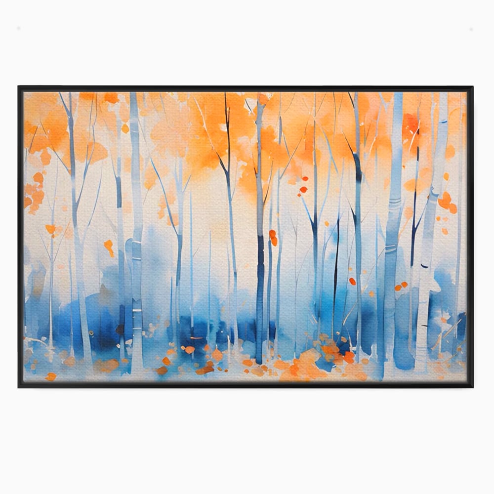 Tablou canvas cu pictura orizontala cu padure de toamna, in rama de aluminiu negru