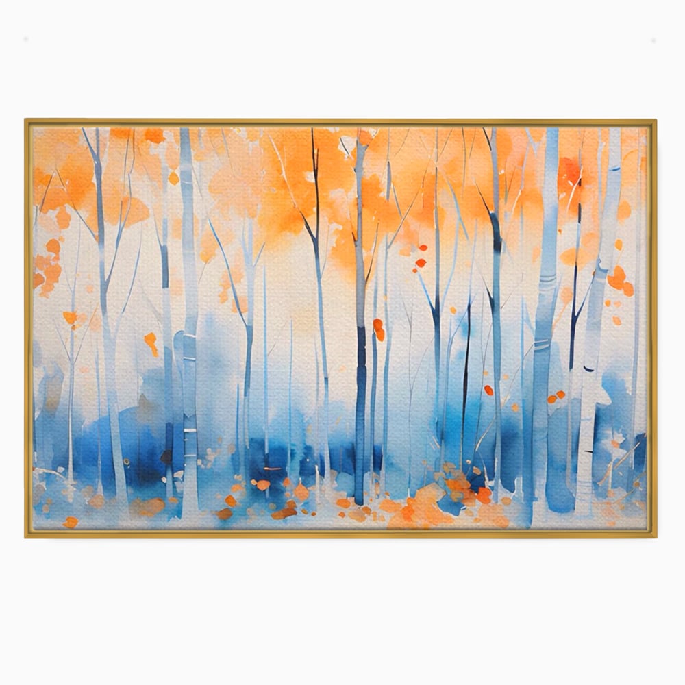Tablou canvas cu pictura orizontala cu padure de toamna, in rama de aluminiu auriu