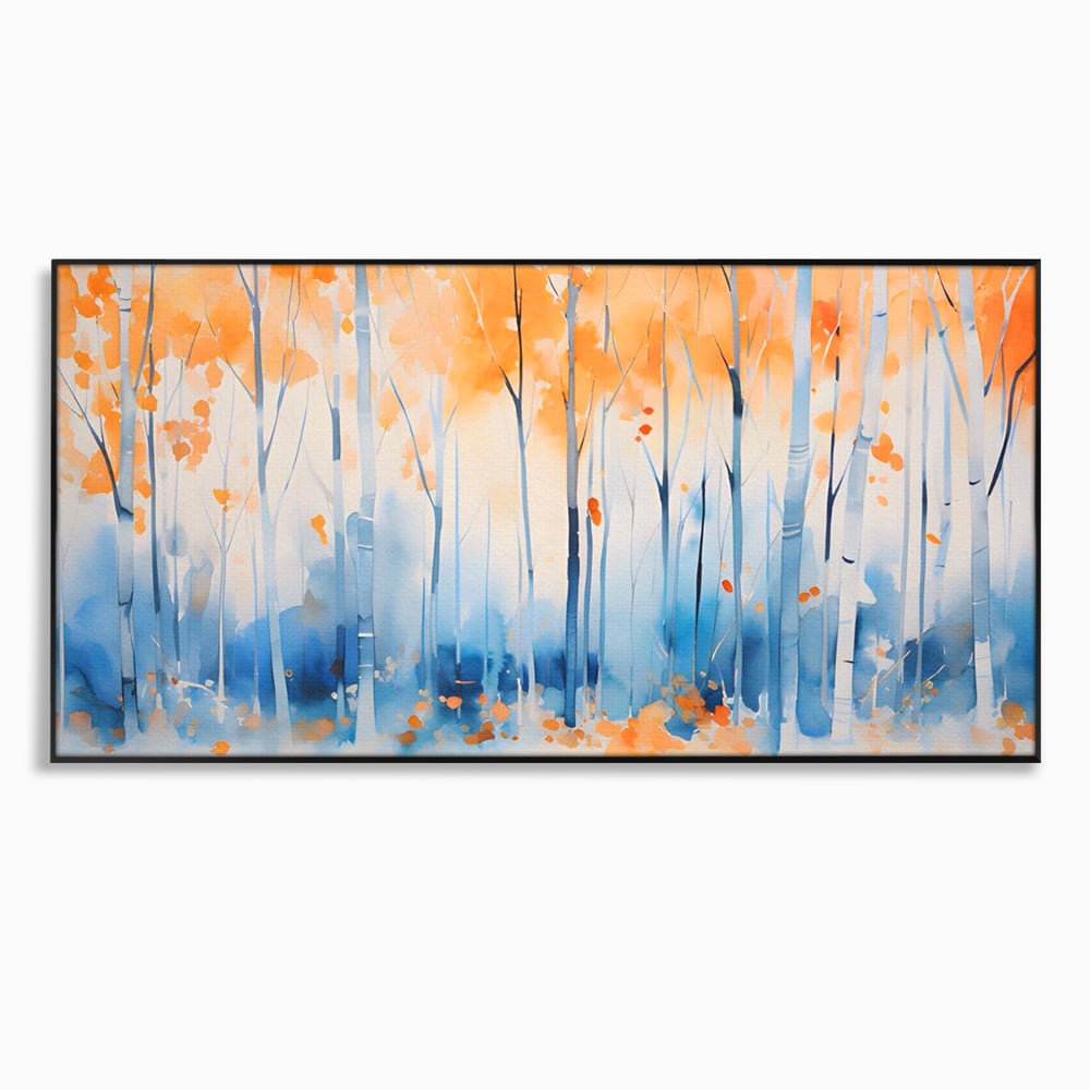Tablou canvas cu pictura orizontala cu padure de toamna, in rama de aluminiu negru