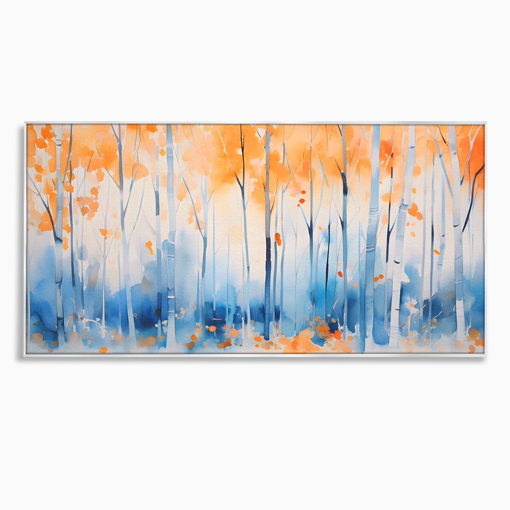 Tablou canvas cu pictura orizontala cu padure de toamna, in rama de aluminiu argintiu