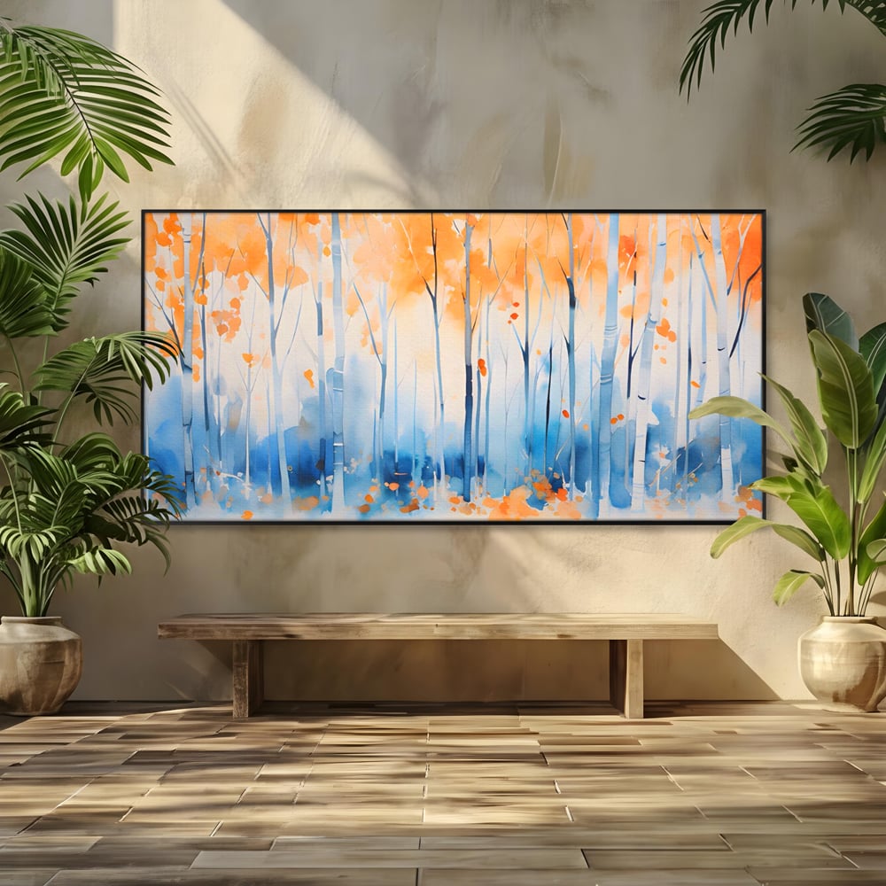 Tablou canvas cu pictura orizontala cu padure de toamna, in rama de aluminiu negru
