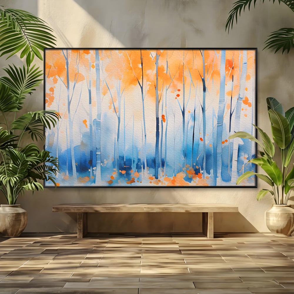 Tablou canvas cu pictura orizontala cu padure de toamna, in rama de aluminiu negru