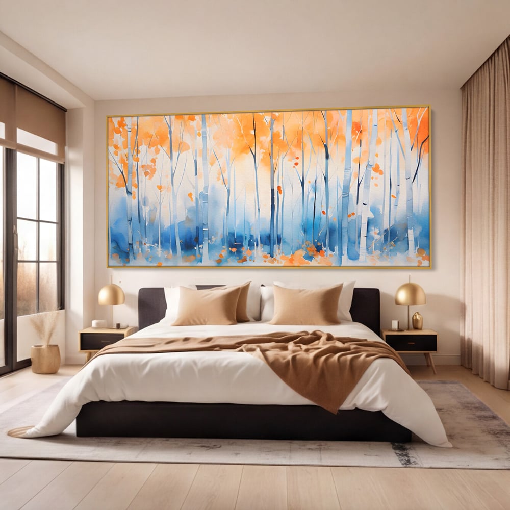 Tablou canvas cu pictura orizontala cu padure de toamna, in rama de aluminiu auriu, pe perete intr-un dormitor