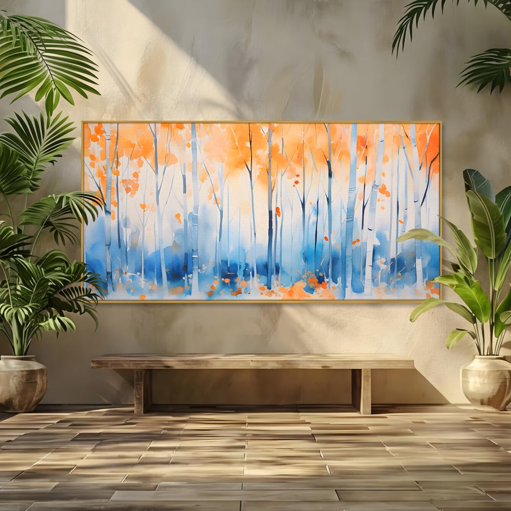 Tablou canvas cu pictura orizontala cu padure de toamna, in rama de aluminiu auriu