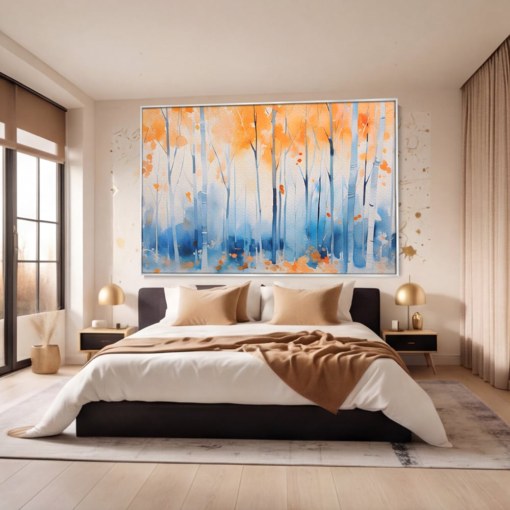 Tablou canvas cu pictura orizontala cu padure de toamna, in rama de aluminiu argintiu, pe perete intr-un dormitor