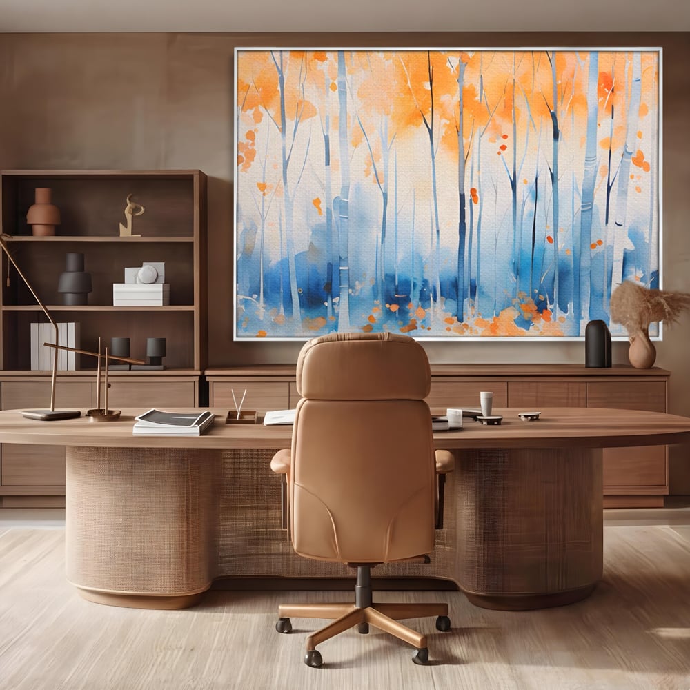 Tablou canvas cu pictura orizontala cu padure de toamna, in rama de aluminiu argintiu, pe perete intr-un birou