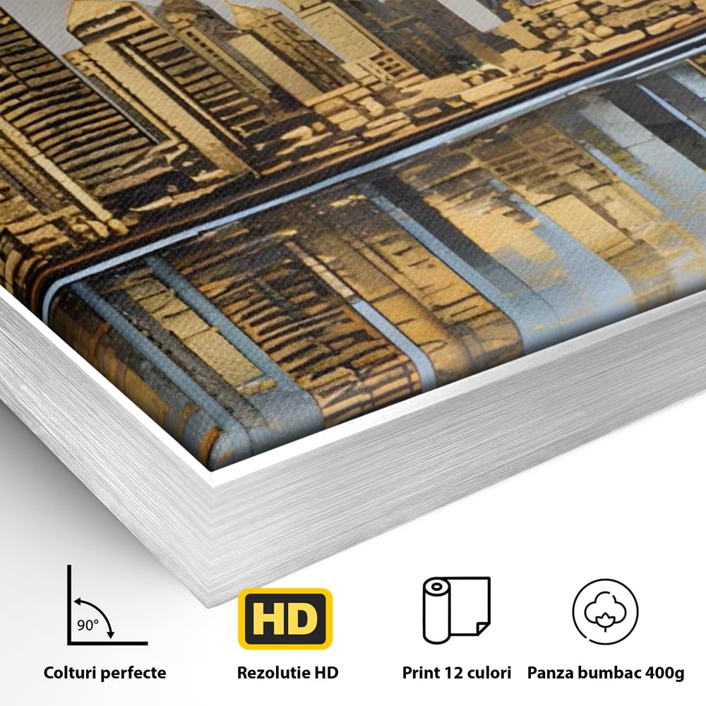 Detaliu al suprafetei: tablou canvas cu peisaj urban si cladiri inalte, in rama de aluminiu argintiu